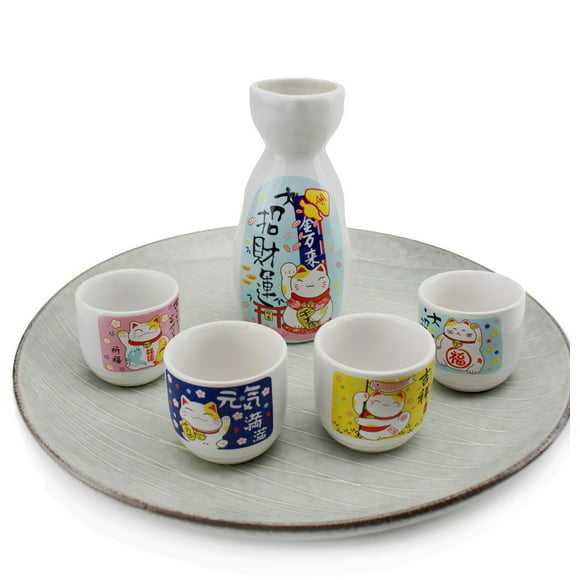 JNN 5 Pcs Japanese Sake Set Traditional Hand Painted Design Ideal for Japanese Sake 360ML Handmade Ceramic Wine Cup Pottery Sake Bottle and 4 Cups